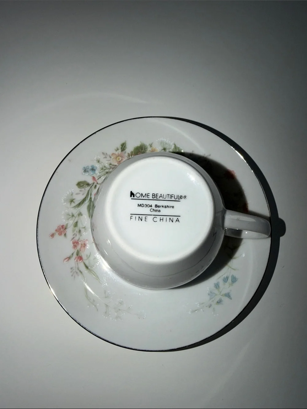 White Floral Porcelain Teacup and Saucer with Silver Trim